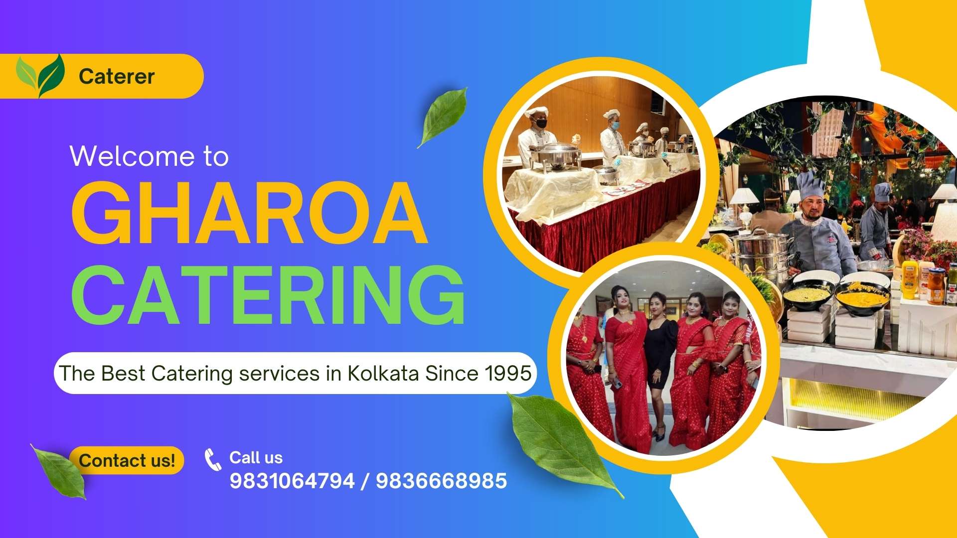 Welcome banner of Gharoa Catering showcasing buffet decorations, catering staff, and services by the best caterer in Kolkata.